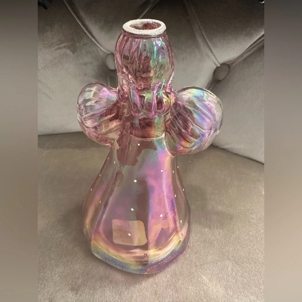 Fenton Art Glass Pink Iridescent Angel Figure Hand Painted Floral Signed 6.5